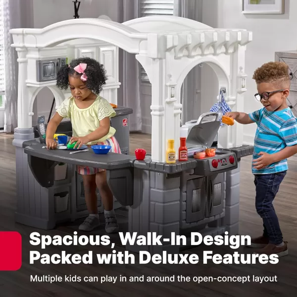 Step2 Grand Walk-in Kitchen &amp; Grill for Kids, Indoor/Outdoor Playset, Ages 2+ Years Old, 103 Piece Toy Accessory Set, Easy Assembly, Gray