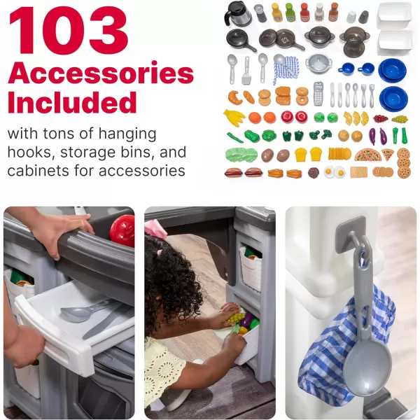 Step2 Grand Walk-in Kitchen &amp; Grill for Kids, Indoor/Outdoor Playset, Ages 2+ Years Old, 103 Piece Toy Accessory Set, Easy Assembly, Gray