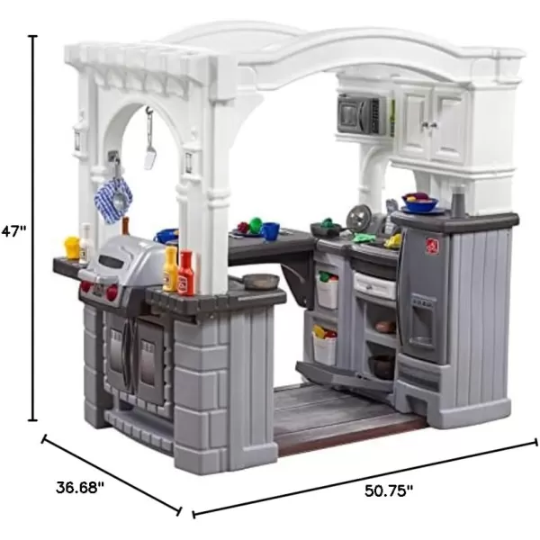 Step2 Grand Walk-in Kitchen &amp; Grill for Kids, Indoor/Outdoor Playset, Ages 2+ Years Old, 103 Piece Toy Accessory Set, Easy Assembly, Gray