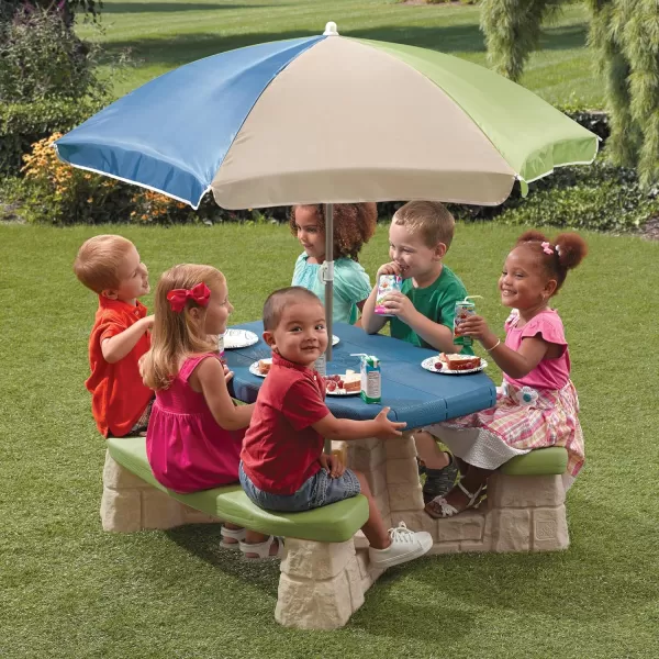 Step2 Naturally Playful Kids Picnic Table With Umbrella, Durable Indoor/Outdoor Toys, Seating for 6 Children, Ages 3+ Years Old, Blue &amp; Green