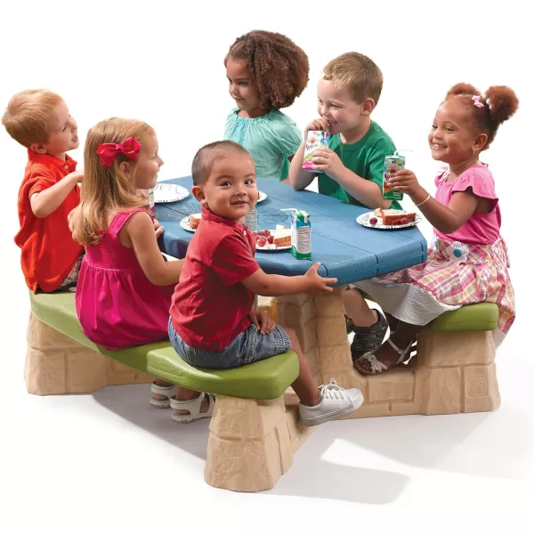 Step2 Naturally Playful Kids Picnic Table With Umbrella, Durable Indoor/Outdoor Toys, Seating for 6 Children, Ages 3+ Years Old, Blue &amp; Green