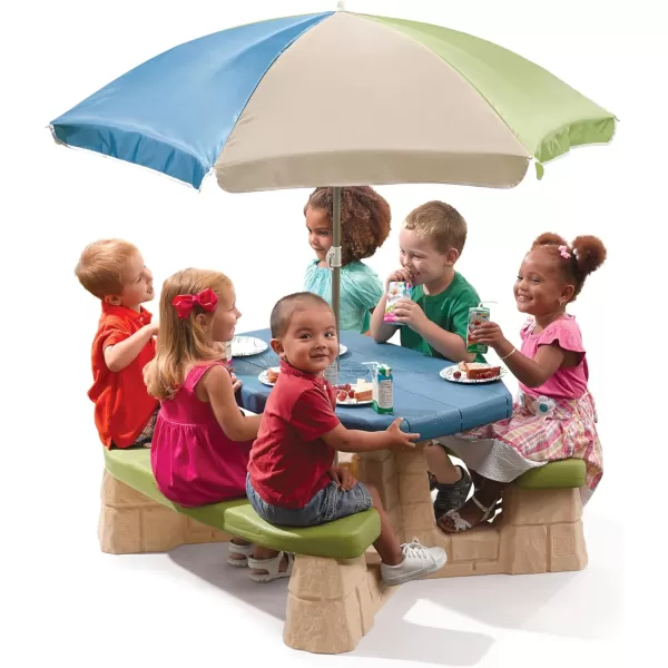 Step2 Naturally Playful Kids Picnic Table With Umbrella, Durable Indoor/Outdoor Toys, Seating for 6 Children, Ages 3+ Years Old, Blue &amp; Green