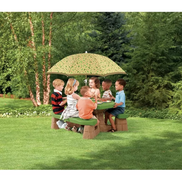 Step2 Naturally Playful Kids Picnic Table With Umbrella, Durable Indoor/Outdoor Toys, Seating for 6 Children, Ages 3+ Years Old, Blue &amp; Green
