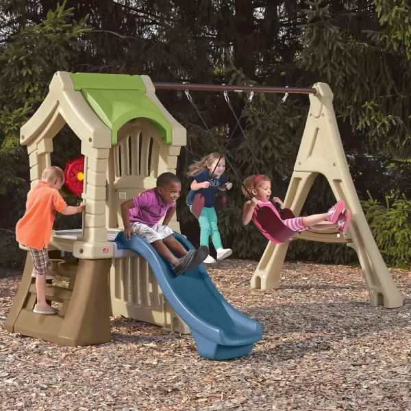 Step2 Play Up Gym Set for Kids, Outdoor Swing Set, Backyard Slide, Swings, Playhouse, &amp; Crawl Space, Two Tier, Easy Set Up, Toddlers Ages 3-6 Years Old