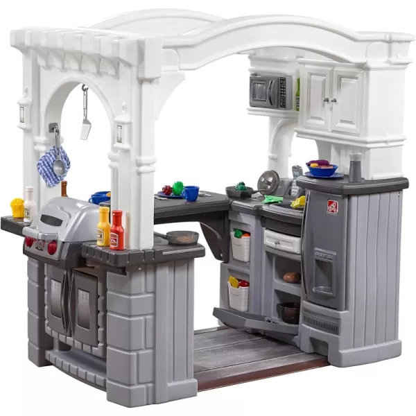 Step2 Grand Walk-in Kitchen &amp; Grill for Kids, Indoor/Outdoor Playset, Ages 2+ Years Old, 103 Piece Toy Accessory Set, Easy Assembly, Gray