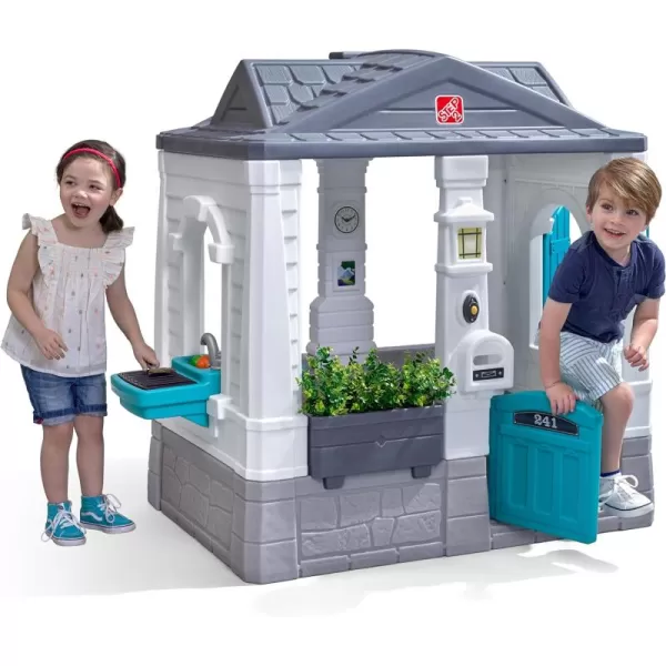 Step2 Neat &amp; Tidy Cottage Kids Playhouse, Indoor and Outdoor Playset, Interactive Sounds, Toddlers 1.5+ Years Old, Easy to Assemble Backyard Discovery Playhouse, Grey