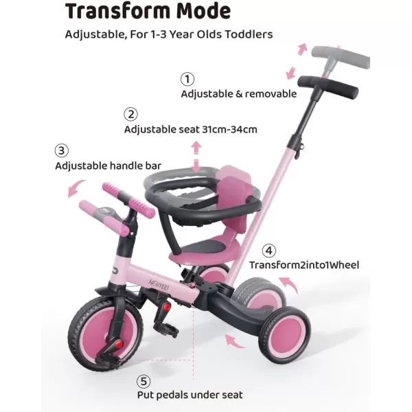 newyoo TR008 Toddler Push Tricycle, Toddler Bike for 1-3 Years Olds, Birthday Gift for Boys &amp; Girls, 5 in 1 Balance Bike with Handle, Kids Trike with Safe Bar, Green