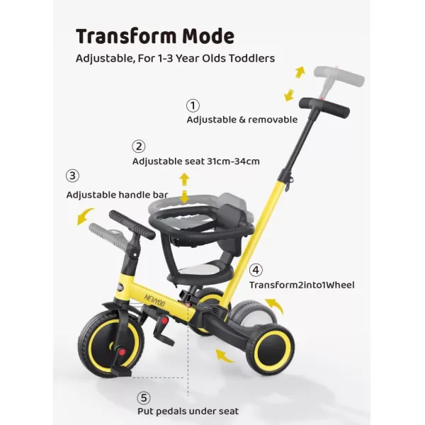 newyoo TR008 Toddler Push Tricycle, Toddler Bike for 1-3 Years Olds, Birthday Gift for Boys &amp; Girls, 5 in 1 Balance Bike with Handle, Kids Trike with Safe Bar, Green