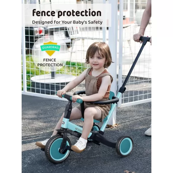newyoo TR008 Toddler Push Tricycle, Toddler Bike for 1-3 Years Olds, Birthday Gift for Boys &amp; Girls, 5 in 1 Balance Bike with Handle, Kids Trike with Safe Bar, Green