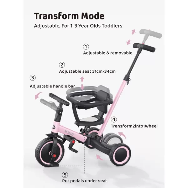 newyoo TR008 Toddler Push Tricycle, Toddler Bike for 1-3 Years Olds, Birthday Gift for Boys &amp; Girls, 5 in 1 Balance Bike with Handle, Kids Trike with Safe Bar, Green