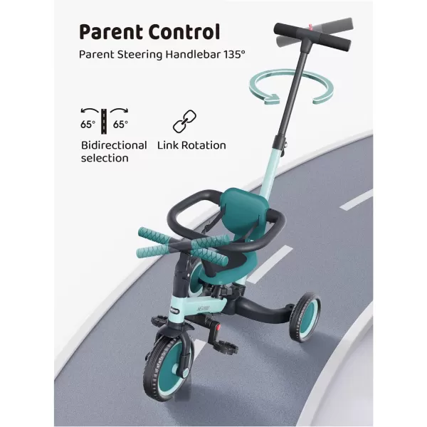 newyoo TR008 Toddler Push Tricycle, Toddler Bike for 1-3 Years Olds, Birthday Gift for Boys &amp; Girls, 5 in 1 Balance Bike with Handle, Kids Trike with Safe Bar, Green