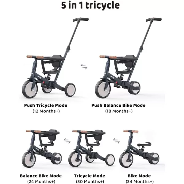 newyoo TR008 Toddler Push Tricycle, Toddler Bike for 1-3 Years Olds, Birthday Gift for Boys &amp; Girls, 5 in 1 Balance Bike with Handle, Kids Trike with Safe Bar, Green