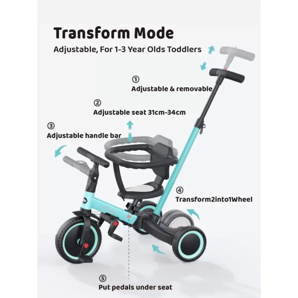 newyoo TR008 Toddler Push Tricycle, Toddler Bike for 1-3 Years Olds, Birthday Gift for Boys &amp; Girls, 5 in 1 Balance Bike with Handle, Kids Trike with Safe Bar, Green