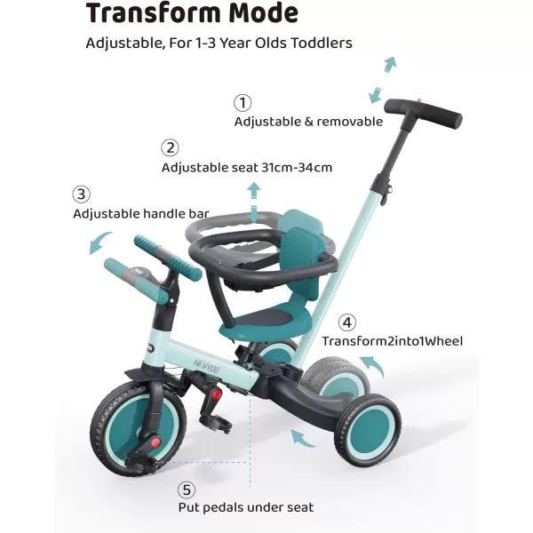 newyoo TR008 Toddler Push Tricycle, Toddler Bike for 1-3 Years Olds, Birthday Gift for Boys &amp; Girls, 5 in 1 Balance Bike with Handle, Kids Trike with Safe Bar, Green