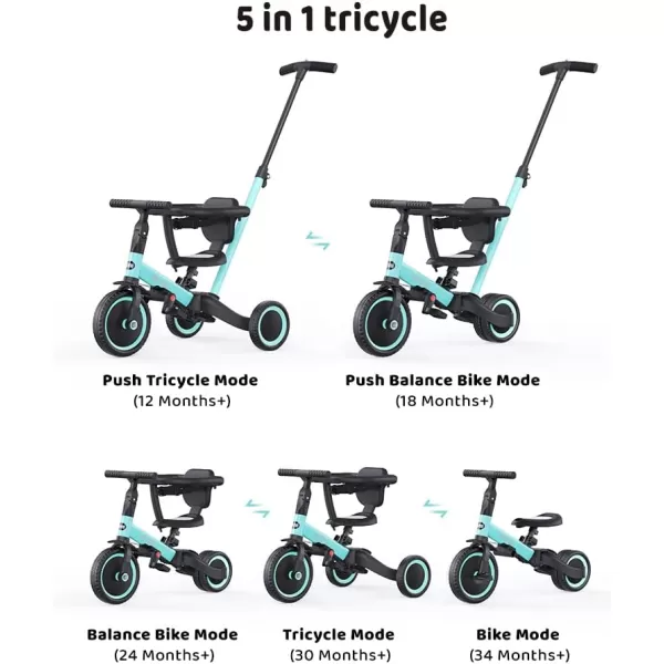 newyoo TR008 Toddler Push Tricycle, Toddler Bike for 1-3 Years Olds, Birthday Gift for Boys &amp; Girls, 5 in 1 Balance Bike with Handle, Kids Trike with Safe Bar, Green