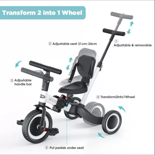 newyoo Toddler Bike, 4 in 1 Tricycles for 1,2,3 Year Olds, Balance Bike, Birthday Gift &amp; Toy for Boys and Girls, Kids Tricycle with Parent Steering Push Handle, Removable Pedals, White, TR007