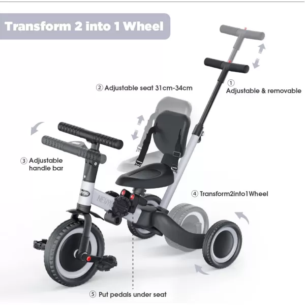 newyoo Toddler Bike, 4 in 1 Tricycles for 1,2,3 Year Olds, Balance Bike, Birthday Gift &amp; Toy for Boys and Girls, Kids Tricycle with Parent Steering Push Handle, Removable Pedals, White, TR007