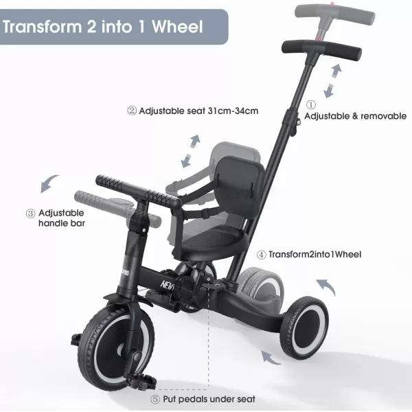 newyoo Toddler Bike, 4 in 1 Tricycles for 1,2,3 Year Olds, Balance Bike, Birthday Gift &amp; Toy for Boys and Girls, Kids Tricycle with Parent Steering Push Handle, Removable Pedals, White, TR007
