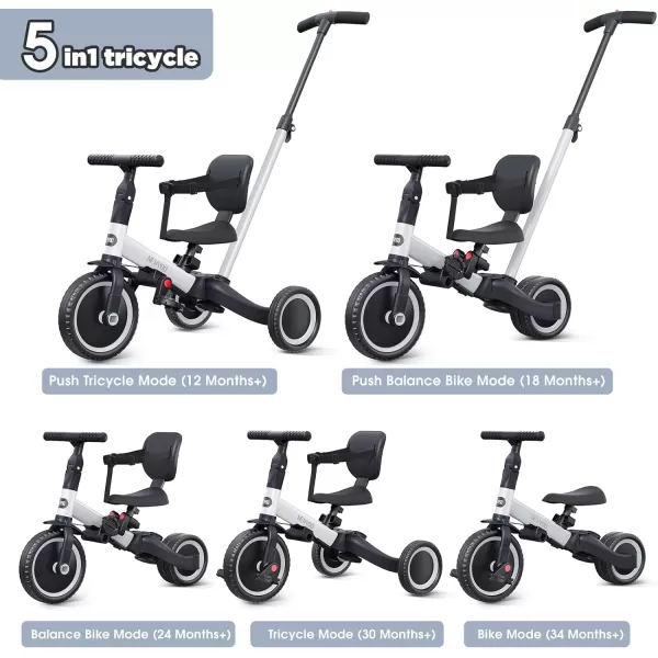 newyoo Toddler Bike, 4 in 1 Tricycles for 1,2,3 Year Olds, Balance Bike, Birthday Gift &amp; Toy for Boys and Girls, Kids Tricycle with Parent Steering Push Handle, Removable Pedals, White, TR007
