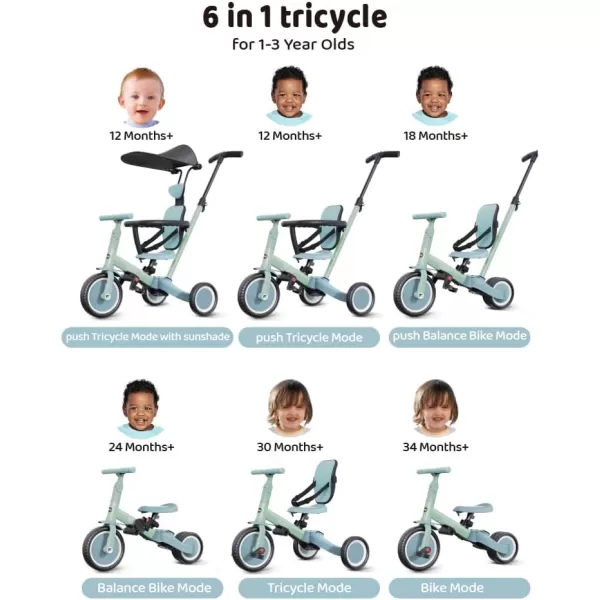 newyoo Tricycle for Toddlers 1-3, Toddler Bike, Birthday Gift &amp; Toys for Girl &amp; Boy, Push Trike with Handle &amp; Canopy, 6 in 1 Baby Trike, Balance Bike, TR009, Blue