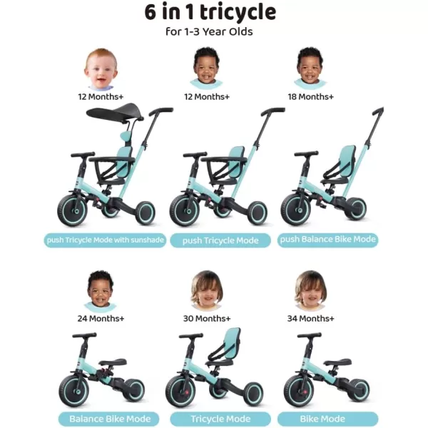 newyoo Tricycle for Toddlers 1-3, Toddler Bike, Birthday Gift &amp; Toys for Girl &amp; Boy, Push Trike with Handle &amp; Canopy, 6 in 1 Baby Trike, Balance Bike, TR009, Blue