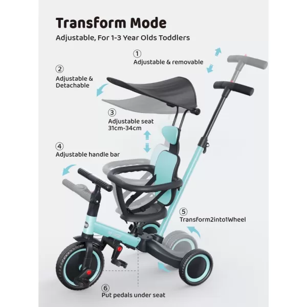 newyoo Tricycle for Toddlers 1-3, Toddler Bike, Birthday Gift &amp; Toys for Girl &amp; Boy, Push Trike with Handle &amp; Canopy, 6 in 1 Baby Trike, Balance Bike, TR009, Blue