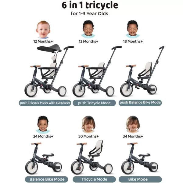 newyoo Tricycle for Toddlers 1-3, Toddler Bike, Birthday Gift &amp; Toys for Girl &amp; Boy, Push Trike with Handle &amp; Canopy, 6 in 1 Baby Trike, Balance Bike, TR009, Blue