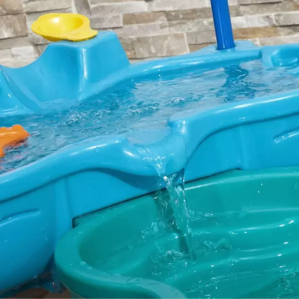 Step 2 Spill &amp; Splash Seaway Water Table for Kids, Two-Tier Outdoor Kids Water Sensory Table with Umbrella, Ages 1.5+ Years Old, 11 Piece Water Toy Accessories