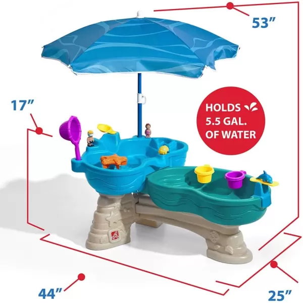 Step 2 Spill &amp; Splash Seaway Water Table for Kids, Two-Tier Outdoor Kids Water Sensory Table with Umbrella, Ages 1.5+ Years Old, 11 Piece Water Toy Accessories