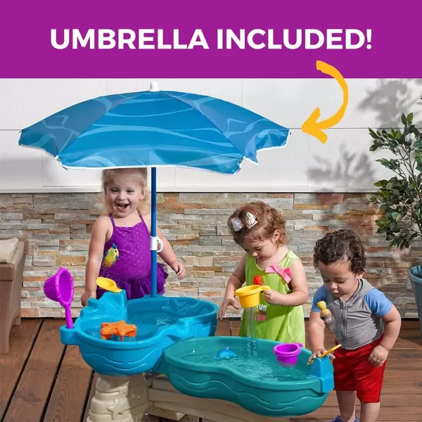Step 2 Spill &amp; Splash Seaway Water Table for Kids, Two-Tier Outdoor Kids Water Sensory Table with Umbrella, Ages 1.5+ Years Old, 11 Piece Water Toy Accessories