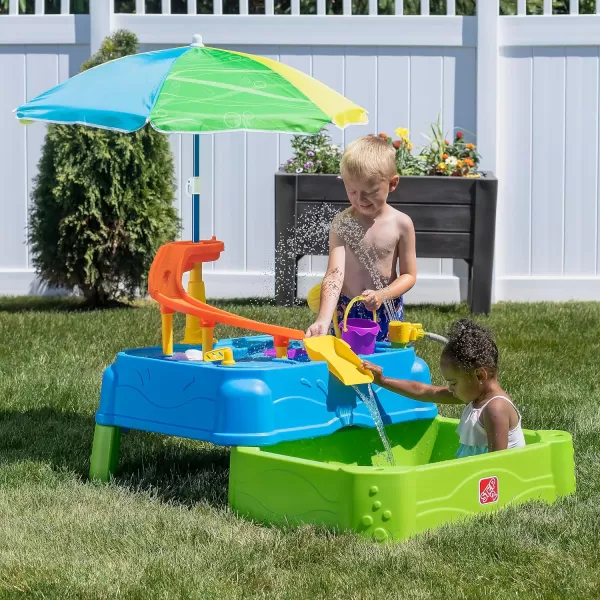 Step2 Waterpark Wonders Two-Tier Kids Water Table, Indoor and Outdoor Water Sensory Table with Umbrella, Toddlers Ages 1.5+ Years Old, 11 Piece Water Toy Accessories, Blue