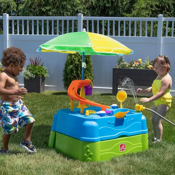 Step2 Waterpark Wonders Two-Tier Kids Water Table, Indoor and Outdoor Water Sensory Table with Umbrella, Toddlers Ages 1.5+ Years Old, 11 Piece Water Toy Accessories, Blue