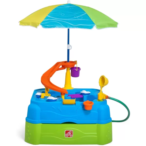 Step2 Waterpark Wonders Two-Tier Kids Water Table, Indoor and Outdoor Water Sensory Table with Umbrella, Toddlers Ages 1.5+ Years Old, 11 Piece Water Toy Accessories, Blue