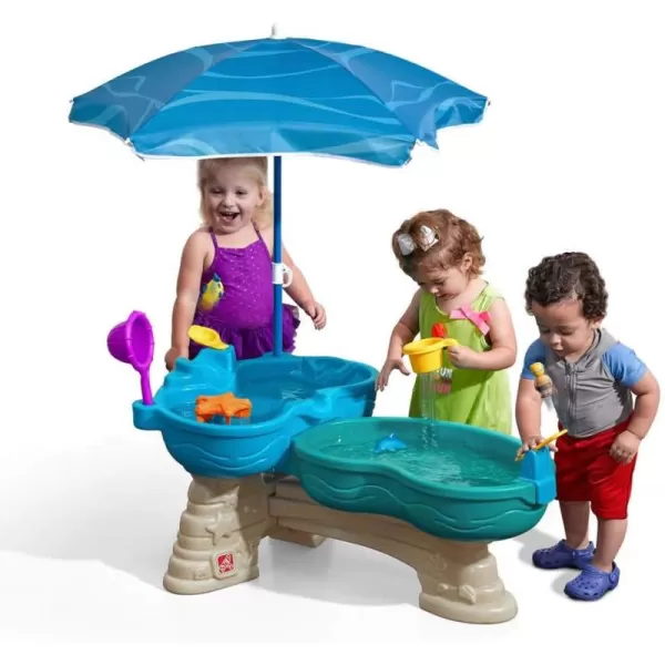 Step 2 Spill &amp; Splash Seaway Water Table for Kids, Two-Tier Outdoor Kids Water Sensory Table with Umbrella, Ages 1.5+ Years Old, 11 Piece Water Toy Accessories