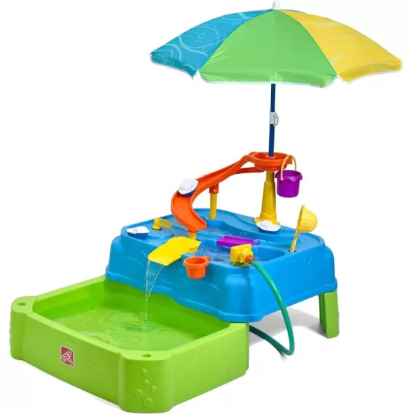 Step2 Waterpark Wonders Two-Tier Kids Water Table, Indoor and Outdoor Water Sensory Table with Umbrella, Toddlers Ages 1.5+ Years Old, 11 Piece Water Toy Accessories, Blue