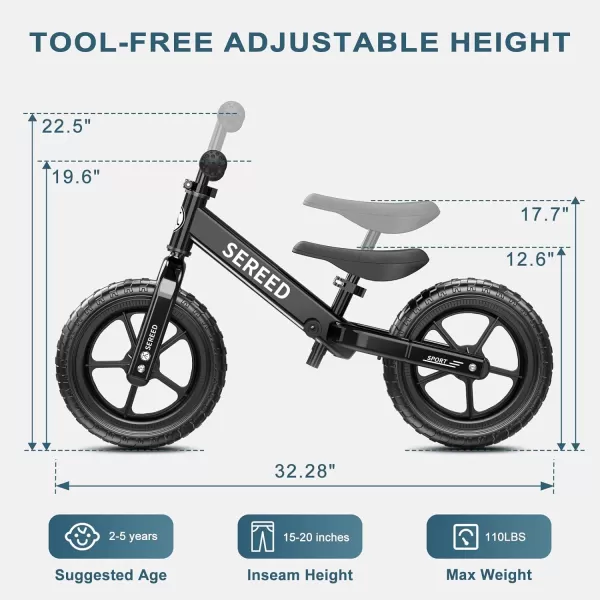 SEREED 12 Inch Toddler Balance Bike, No Pedal Bike for Kids 24 Months to 5 Years Old, Customize Plate , Tool-Free Adjustments, Gift for Boys Girls 2-5 