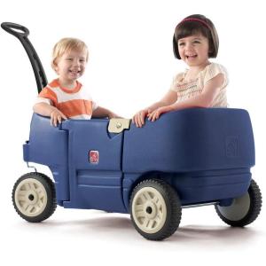 imageStep2 Wagon for Two Plus for Kids Large Folding Wagon Safety Belts Under Seat Storage Toddlers Ages 15 Years Old Denim BlueBlue