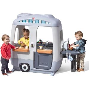 imageStep2 Adventure Camper Kids Playhouse IndoorOutdoor Playset ampamp Kitchenette Interactive Play with Sounds Includes 52 Piece Toy Accessories Made of Durable Plastic For Toddlers 2 Years OldGray