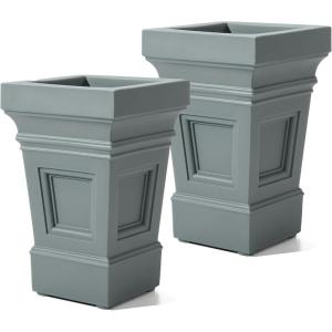 imageStep2 Atherton Square Planter Large Planters for Outdoor Plants Gardening and Flower Pot for Patio or Porch Efficient Drainage Durable Plastic White 2PackSage Gray