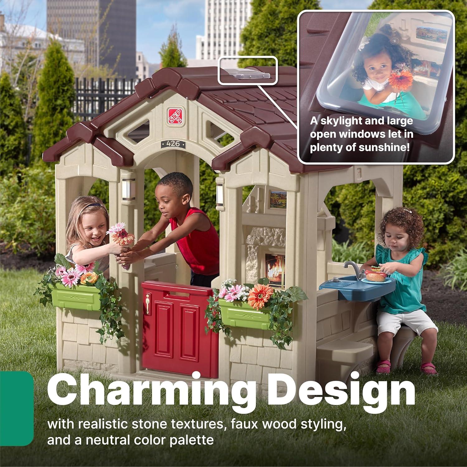 imageStep2 Charming Cottage Kids Playhouse IndoorOutdoor Playset Interactive Play with Sounds Made of Durable Plastic For Toddlers 2 Years OldBrown