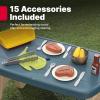imageStep2 Sizzle ampamp Smoke BBQ Grill Kids Playset IndoorOutdoor Kitchenette Interactive Play with Sounds Made of Durable Plastic Includes 15 Piece Toy Accessories For Toddlers 3 Years OldBlue  Gray   Yellow