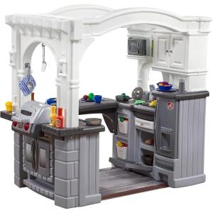 imageStep2 Grand WalkIn Kitchen ampamp Grill Kids Playset IndoorOutdoor Kitchenette Interactive Play with Lights and Sounds Durable Plastic 103 Piece Toy Accessories Toddlers 2 Years Old BrownTanGray