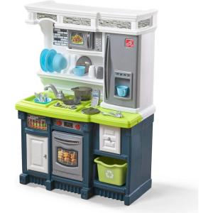 imageStep2 Lifestyle Custom Kids Kitchen Playset IndoorOutdoor Kitchenette Interactive Play with Lights and Sounds Made of Durable Plastic 20 Piece Toy Accessories Toddlers 2 Years Old TanBlue  White  Green