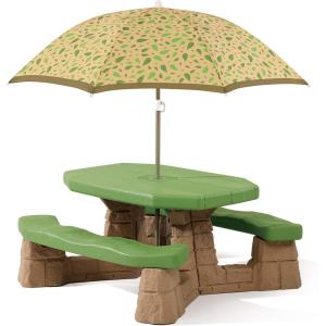 imageStep2 Naturally Playful Kids Picnic Table with Removable Umbrella IndoorOutdoor Toys Fits 6 Children Made of Durable Plastic For Toddlers 3 Years Old Blue ampamp GreenGreen  Leaves