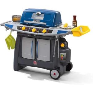 imageStep2 Sizzle ampamp Smoke BBQ Grill Kids Playset IndoorOutdoor Kitchenette Interactive Play with Sounds Made of Durable Plastic Includes 15 Piece Toy Accessories For Toddlers 3 Years OldBlue  Gray   Yellow