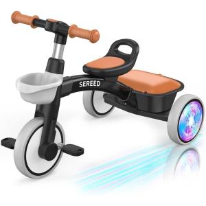 imageSEREED Colorful Lighting Toddler Tricycle for 25 Years Old Boys Girls Adjustable SeatampampHandlebar Trike Removable Basket Birthday Gift Idea for Kids Ages 2 GreenBlack