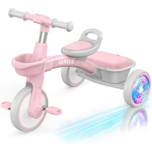 imageSEREED Colorful Lighting Toddler Tricycle for 25 Years Old Boys Girls Adjustable SeatampampHandlebar Trike Removable Basket Birthday Gift Idea for Kids Ages 2 GreenPink