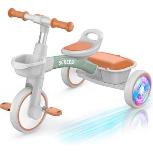 imageSEREED Colorful Lighting Toddler Tricycle for 25 Years Old Boys Girls Adjustable SeatampampHandlebar Trike Removable Basket Birthday Gift Idea for Kids Ages 2 GreenGreen