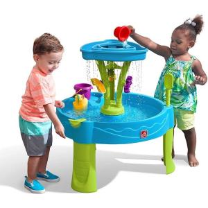 imageStep2 Summer Showers Splash Tower Water Table for Kids Outdoor Kids Water Sensory Table Ages 15 Years Old 8 Piece Water Toy Accessories Blue ampamp GreenSummer Showers Splash Tower Water Table
