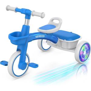 imageSEREED Colorful Lighting Toddler Tricycle for 25 Years Old Boys Girls Adjustable SeatampampHandlebar Trike Removable Basket Birthday Gift Idea for Kids Ages 2 PurpleBlue